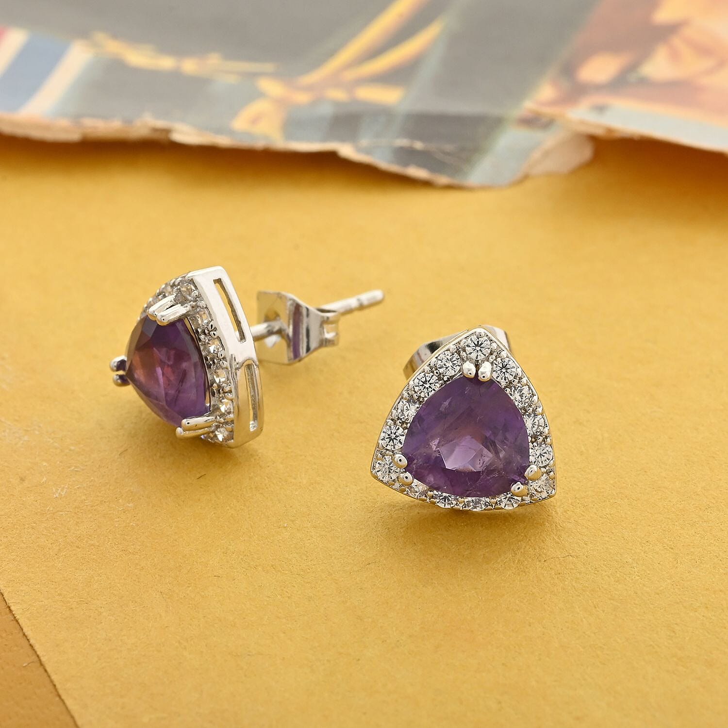Amethyst and Simulated Diamond Earrings in Silvertone 1.50 ctw