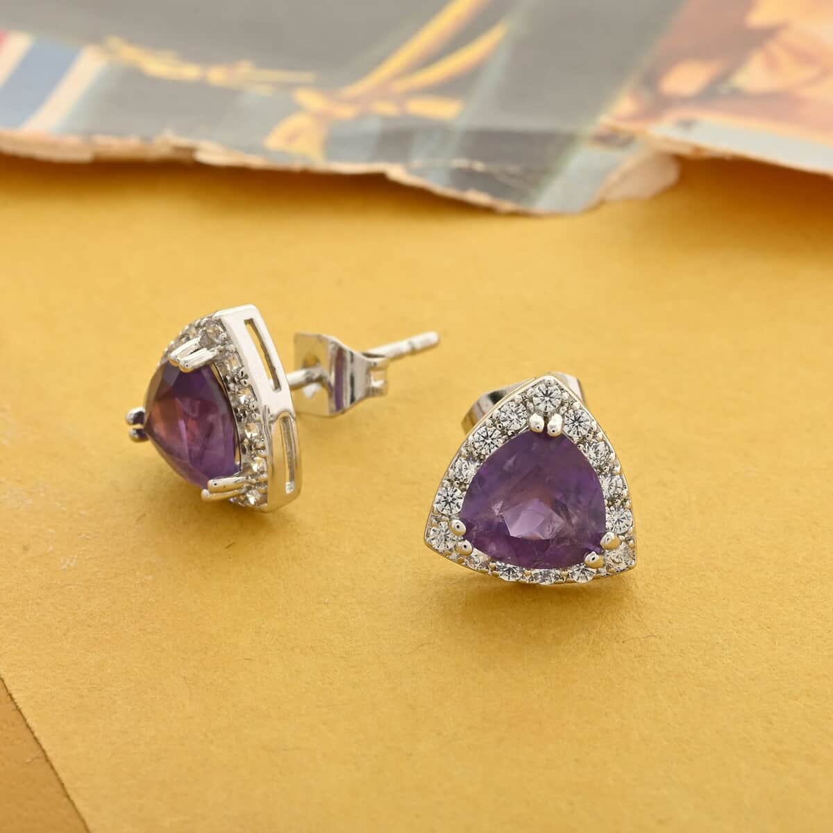 Amethyst and Simulated Diamond Earrings in Silvertone 1.50 ctw image number 1