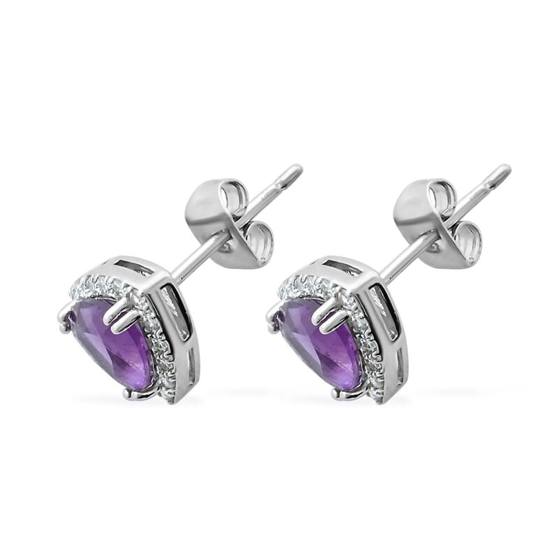 Amethyst and Simulated Diamond Earrings in Silvertone 1.50 ctw