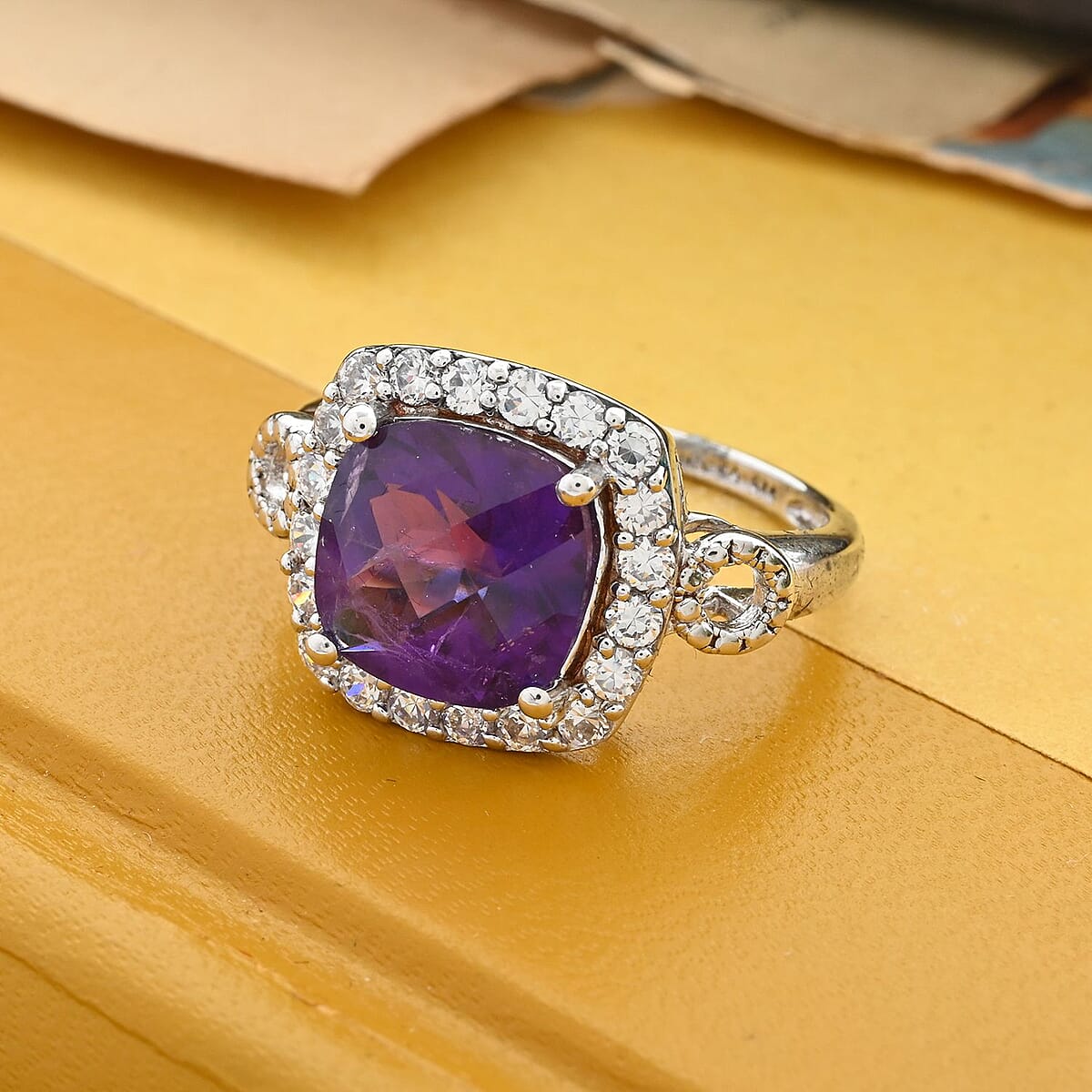 Amethyst and Simulated Diamond Ring in Platinum Over Sterling Silver (Size 8.0) 1.85 ctw image number 1