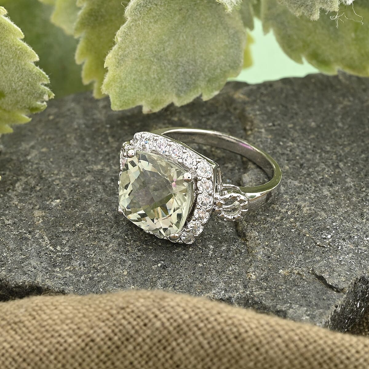 Montezuma Prasiolite and Simulated Diamond Ring in Platinum Over Sterling Silver (Size 7.0) 1.85 ctw image number 1