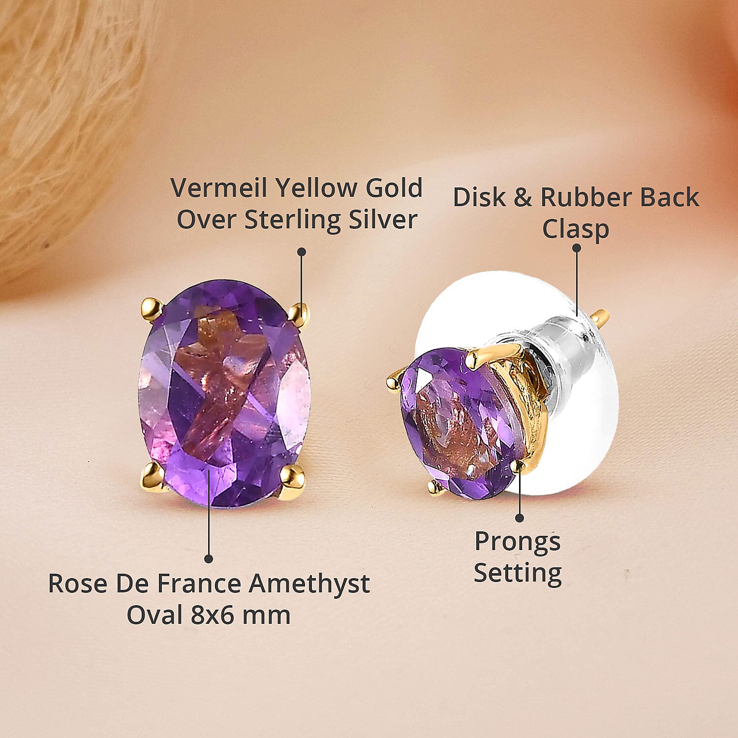 Rose De France Amethyst Solitaire Stud Earrings in Vermeil Yellow Gold Over Sterling Silver, Amethyst Jewelry, Birthstone Earrings, Gift For Her 2.25 ctw