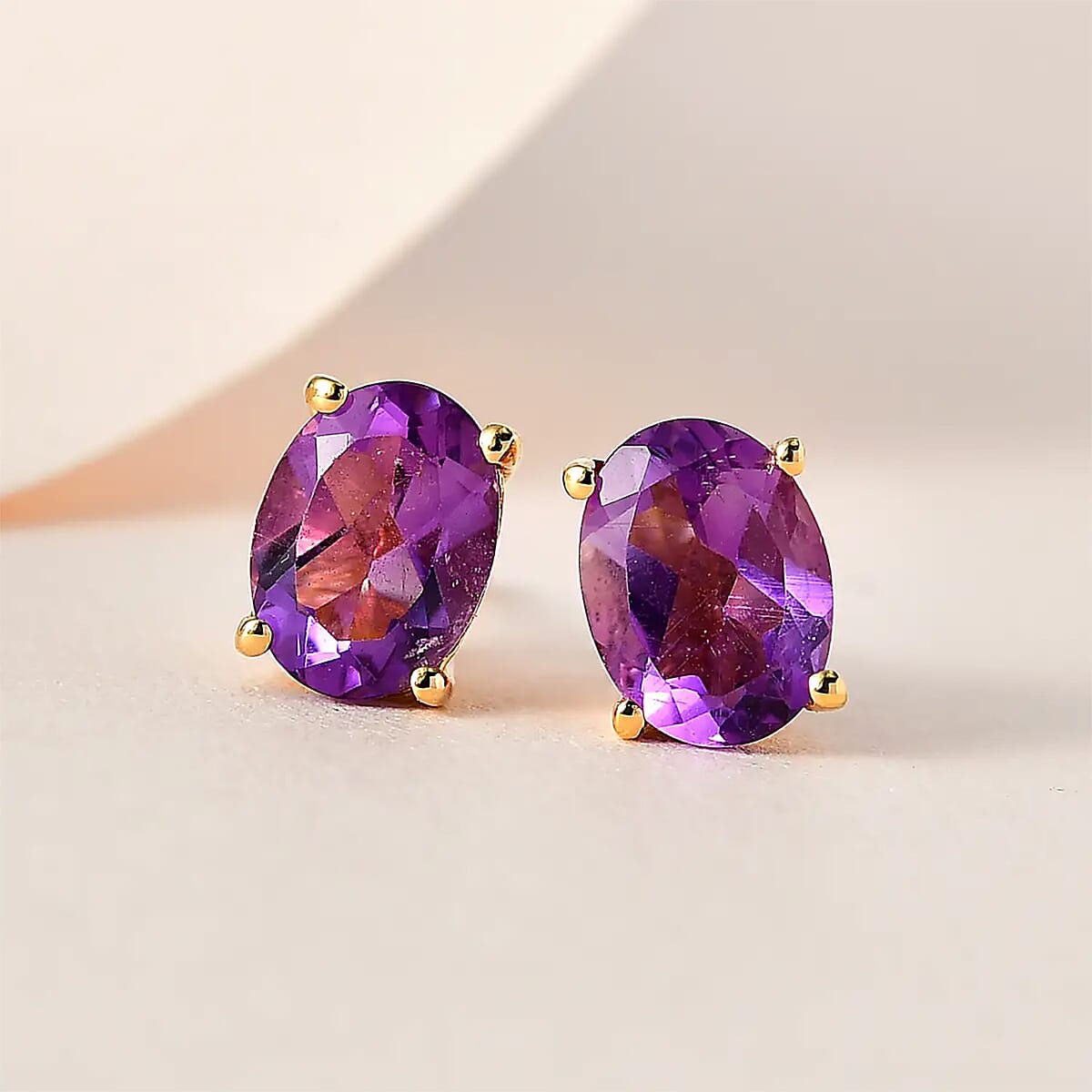 African Amethyst Solitaire Stud Earrings in Vermeil Yellow Gold Over Sterling Silver, Amethyst Jewelry, Birthstone Earrings, Gift For Her 2.15 ctw image number 1