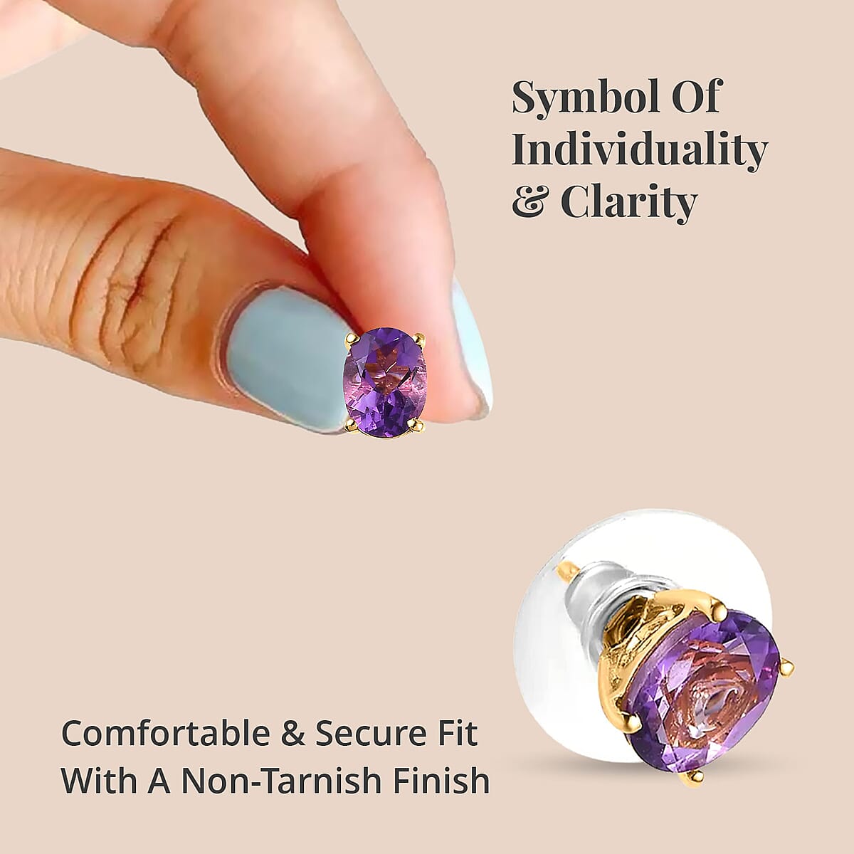 African Amethyst Solitaire Stud Earrings in Vermeil Yellow Gold Over Sterling Silver, Amethyst Jewelry, Birthstone Earrings, Gift For Her 2.15 ctw image number 3