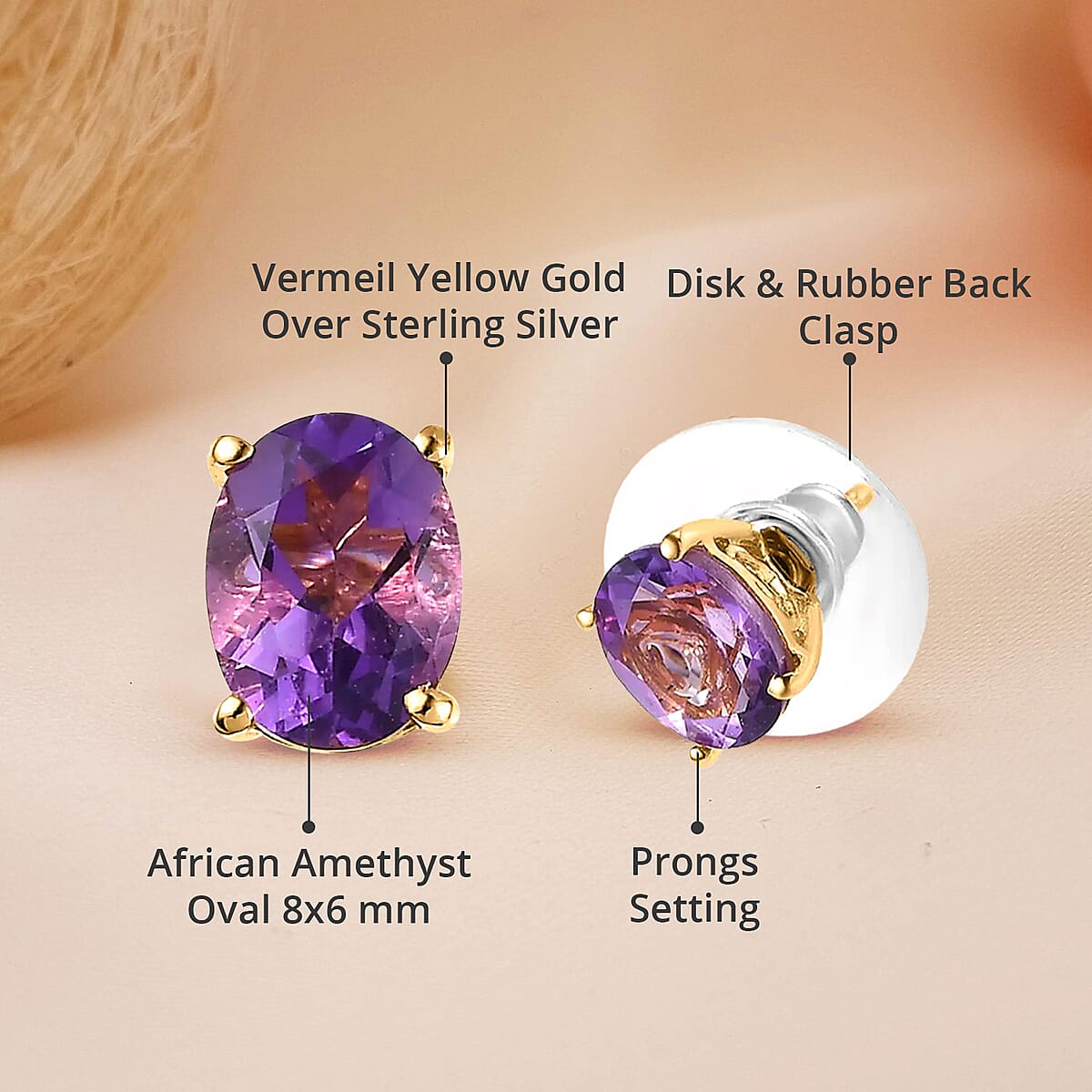 African Amethyst Solitaire Stud Earrings in Vermeil Yellow Gold Over Sterling Silver, Amethyst Jewelry, Birthstone Earrings, Gift For Her 2.15 ctw image number 4