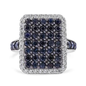 Premium Kanchanaburi Blue Sapphire and White Zircon Ring in Platinum Over Sterling Silver (Size 10.0) 2.35 ctw