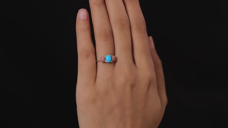 Sleeping Beauty Turquoise and Oregon Peach Opal 3 Stone Ring in Sterling Silver 1.25 ctw
