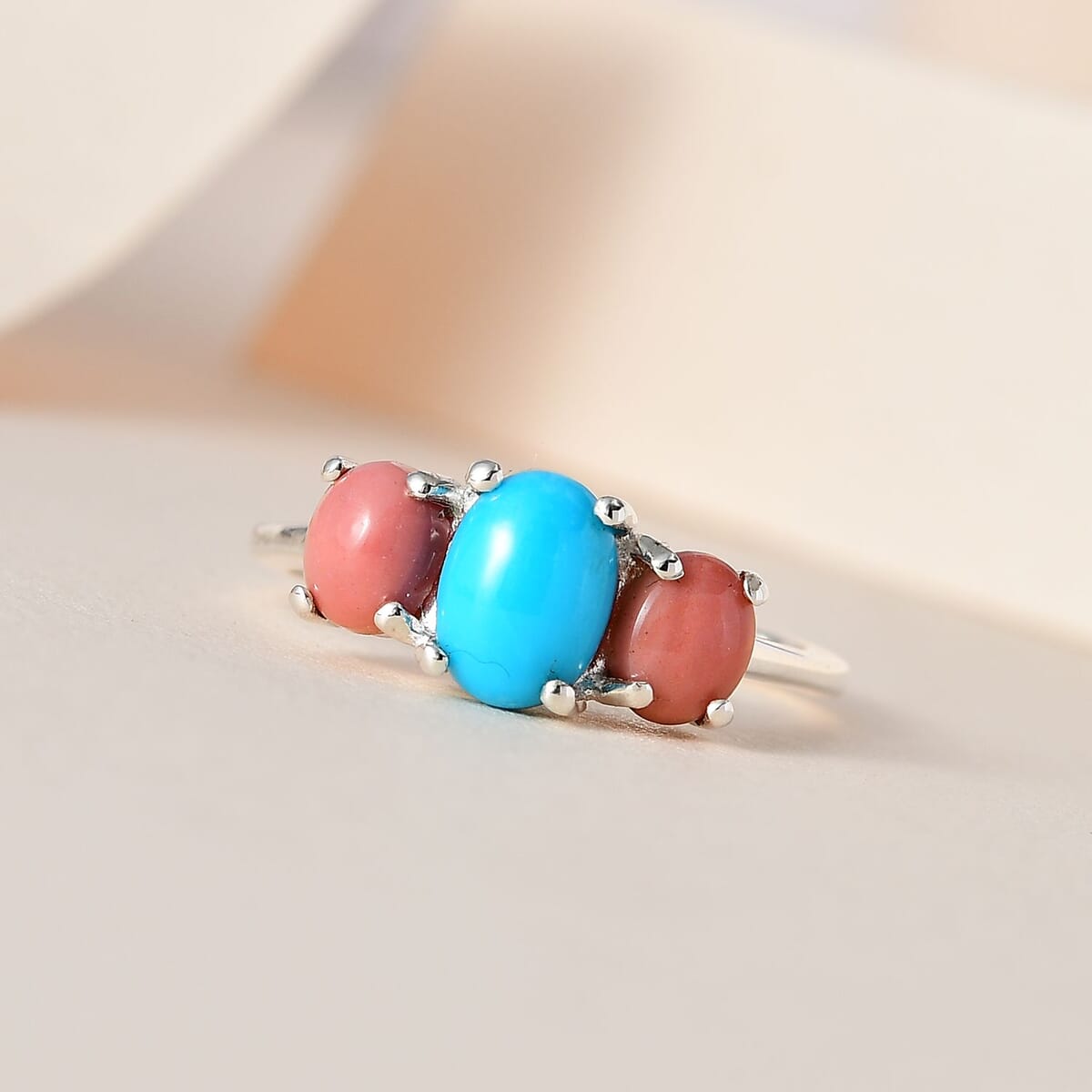 Sleeping Beauty Turquoise and Oregon Peach Opal 3 Stone Ring in Sterling Silver 1.25 ctw image number 1