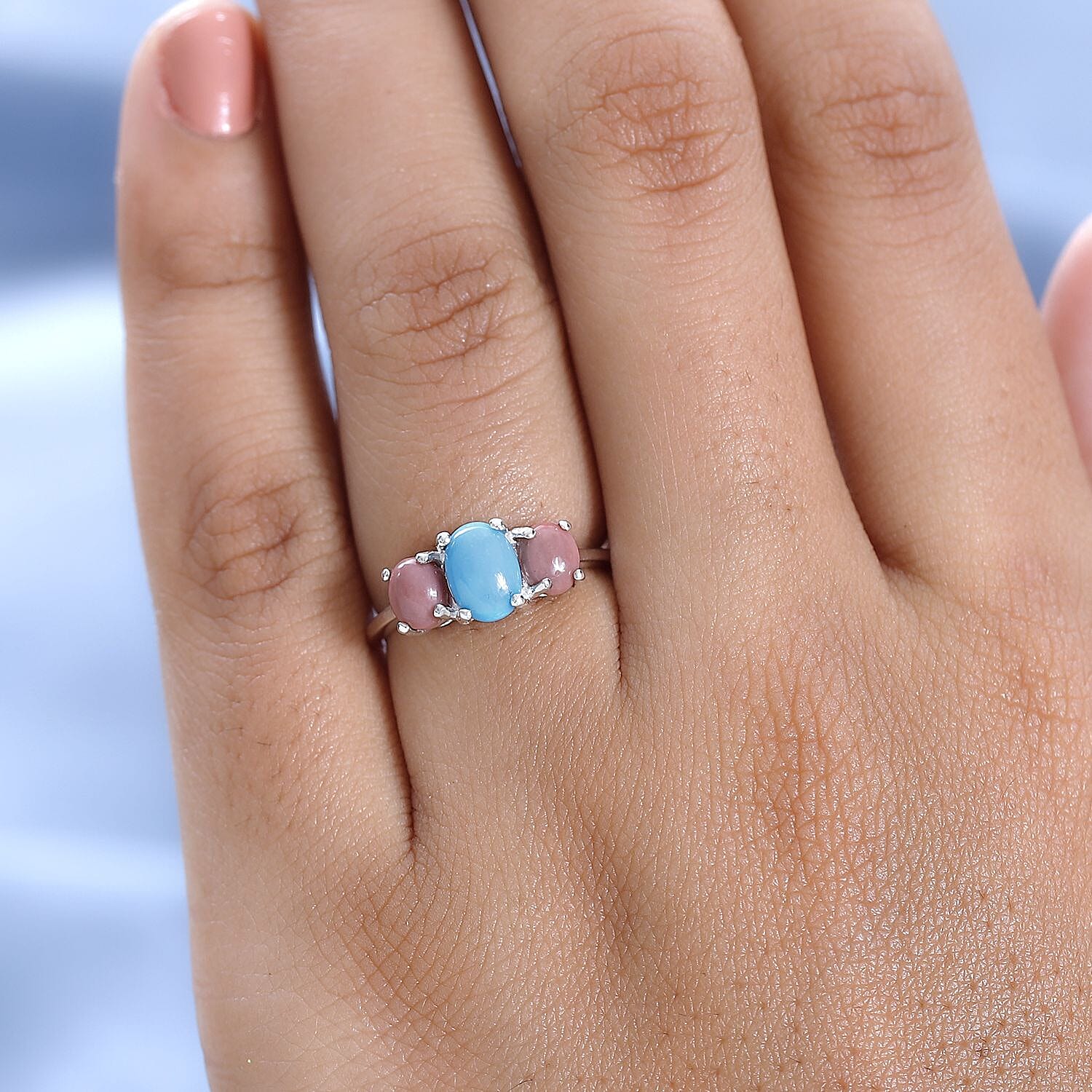 Sleeping Beauty Turquoise and Premium Oregon Peach Opal 3 Stone Ring in Sterling Silver (Size 10.0) 1.25 ctw