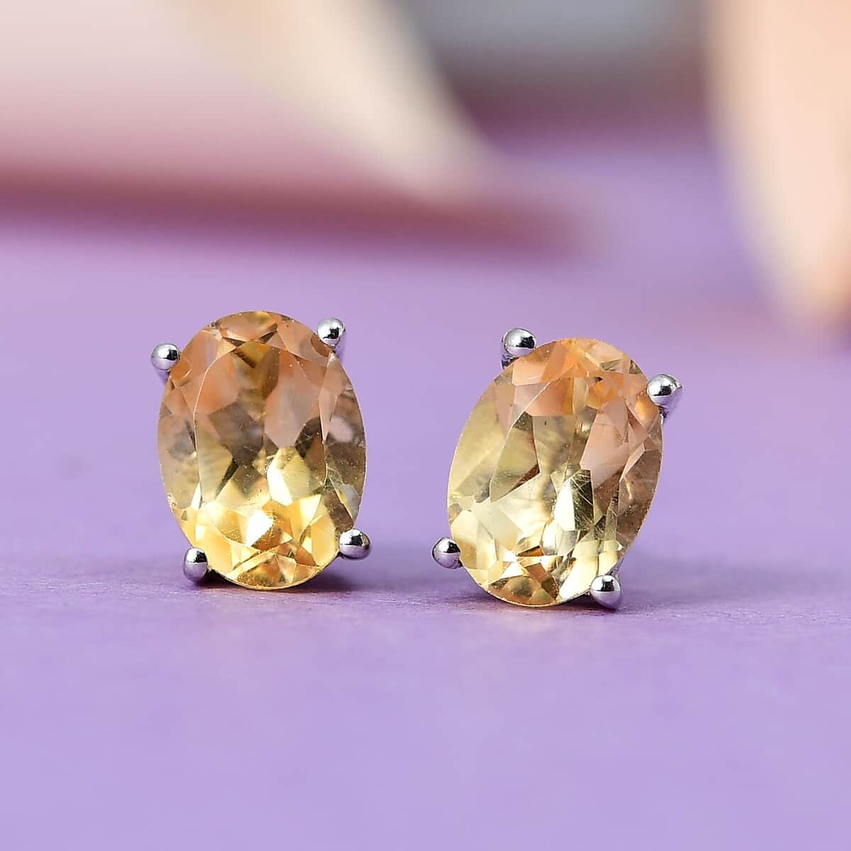 Brazilian Citrine Solitaire Stud Earrings in Platinum Over Sterling Silver, Citrine Jewelry, Birthstone Earrings Gift For Her 2.25 ctw image number 1