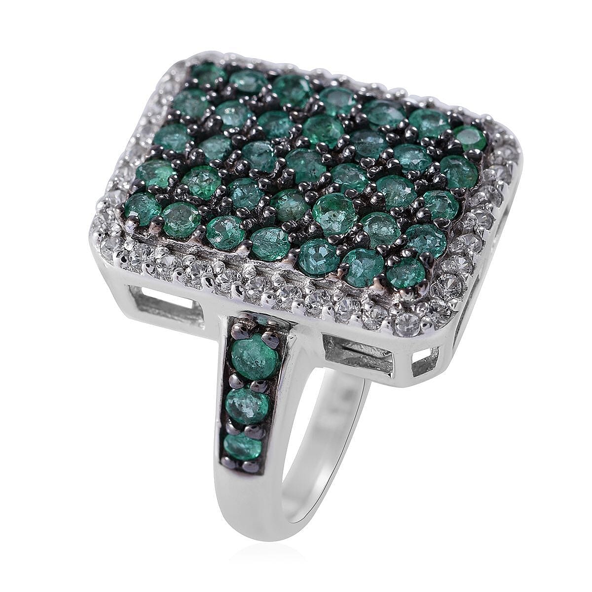 Premium Kagem Zambian Emerald and White Zircon 2.20 ctw Ring in Platinum Over Sterling Silver (Size 8.0) image number 2