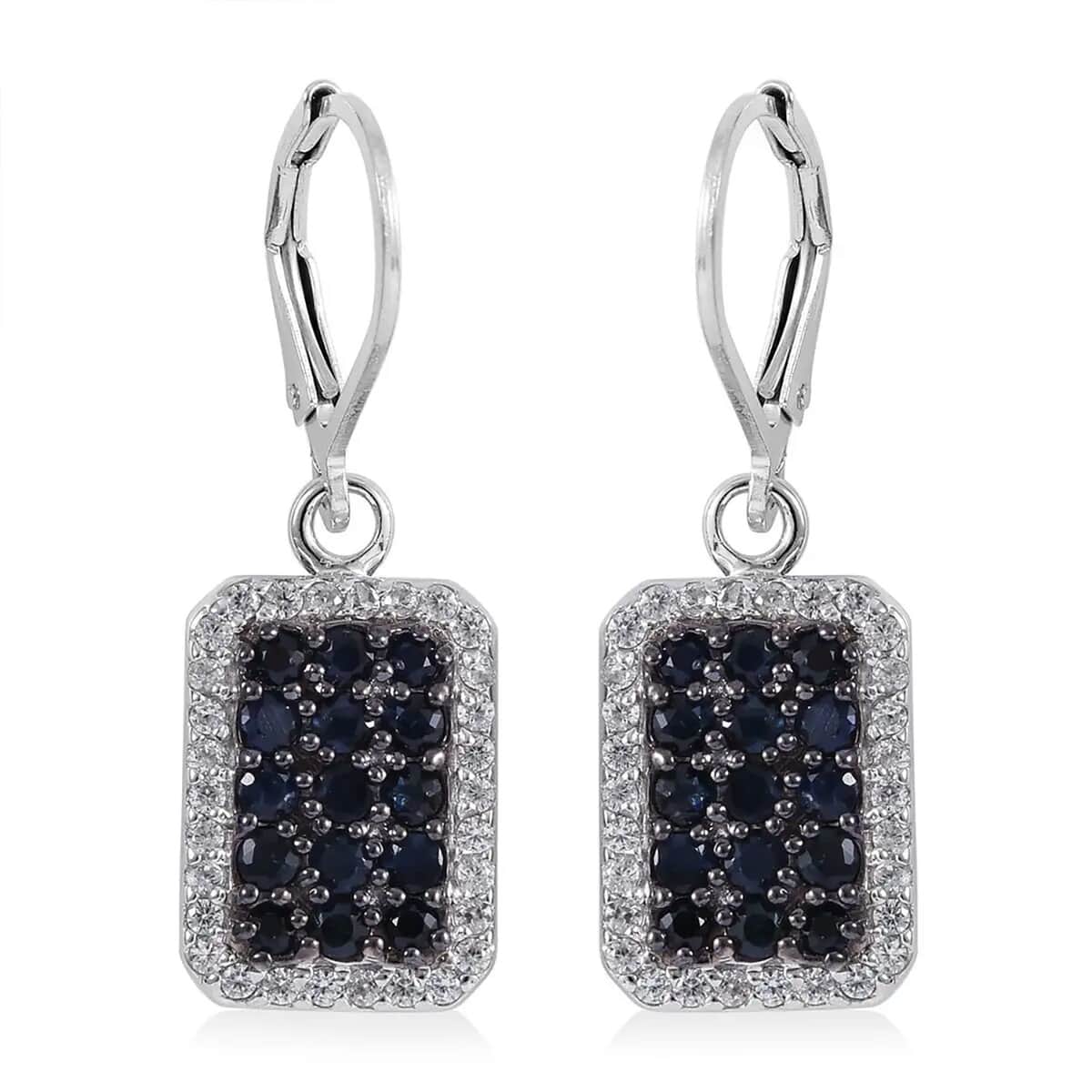 Premium Kanchanaburi Blue Sapphire and White Zircon Lever Back Earrings in Platinum Over Sterling Silver 2.10 ctw image number 0