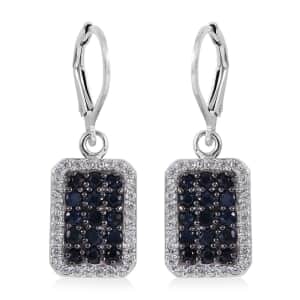 Premium Kanchanaburi Blue Sapphire and White Zircon Lever Back Earrings in Platinum Over Sterling Silver 2.10 ctw