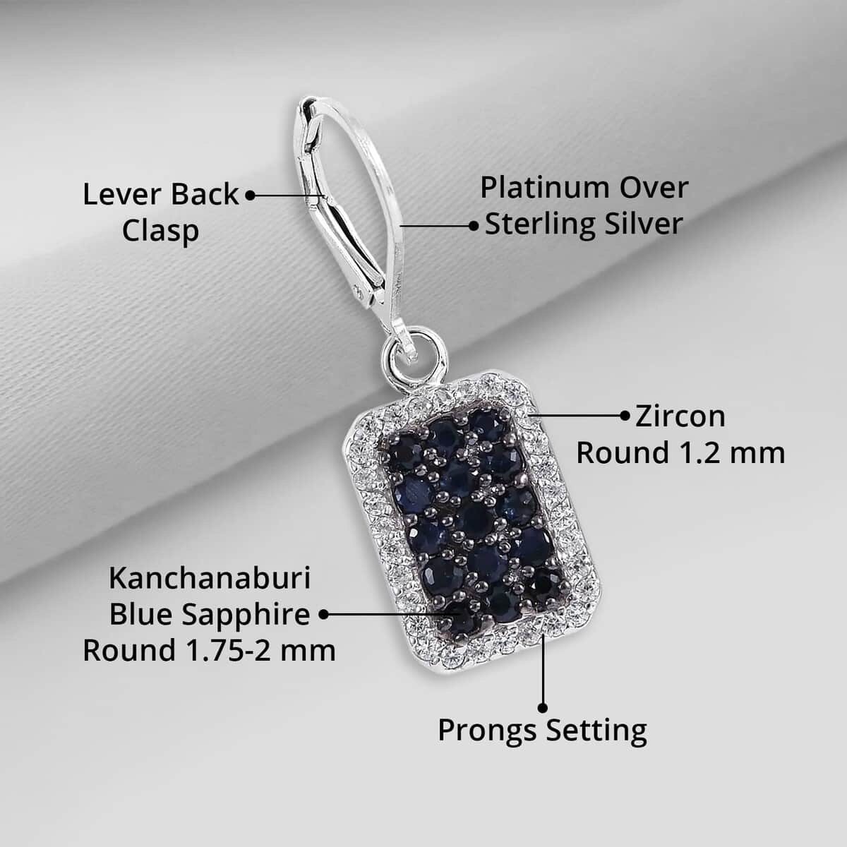 Premium Kanchanaburi Blue Sapphire and White Zircon Lever Back Earrings in Platinum Over Sterling Silver 2.10 ctw image number 3