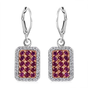 Premium Mozambique Ruby and White Zircon 1.90 ctw Lever Back Earrings in Platinum Over Sterling Silver