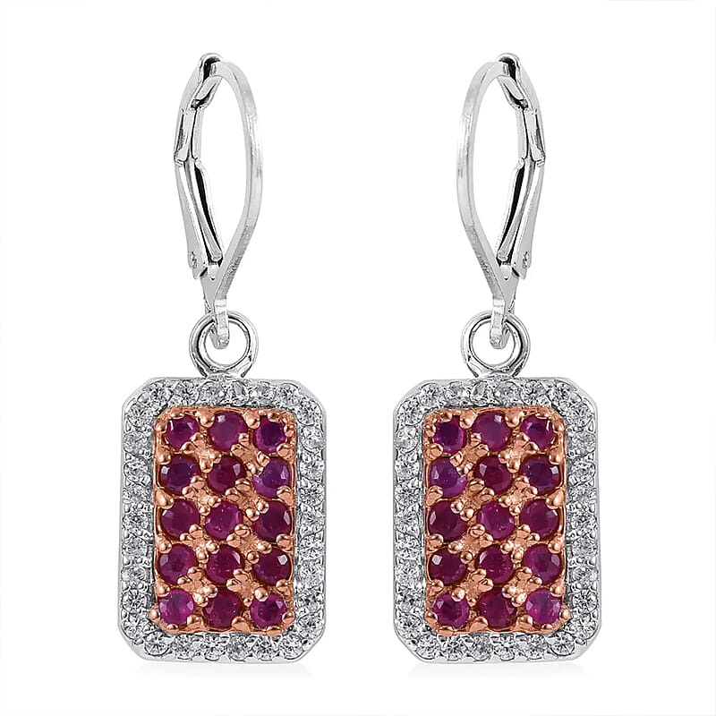 Premium Mozambique Ruby and White Zircon 1.90 ctw Lever Back Earrings in Platinum Over Sterling Silver