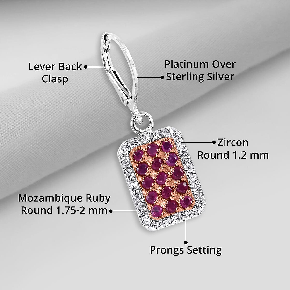 Premium Mozambique Ruby and White Zircon 1.90 ctw Lever Back Earrings in Platinum Over Sterling Silver image number 3