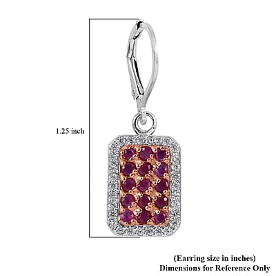 Premium Mozambique Ruby and White Zircon 1.90 ctw Lever Back Earrings in Platinum Over Sterling Silver
