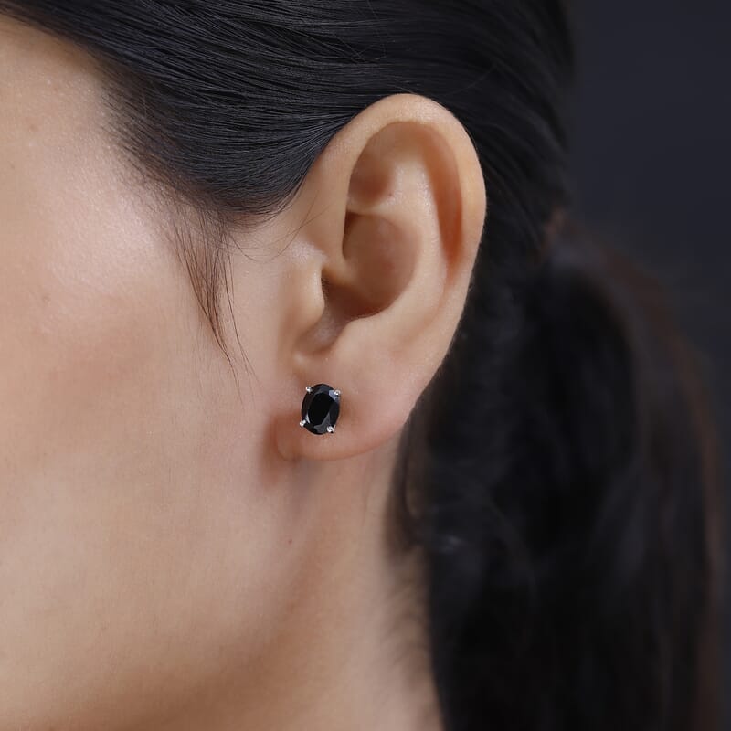 Thai Black Spinel Solitaire Stud Earrings in Platinum Over Sterling Silver 3.10 ctw