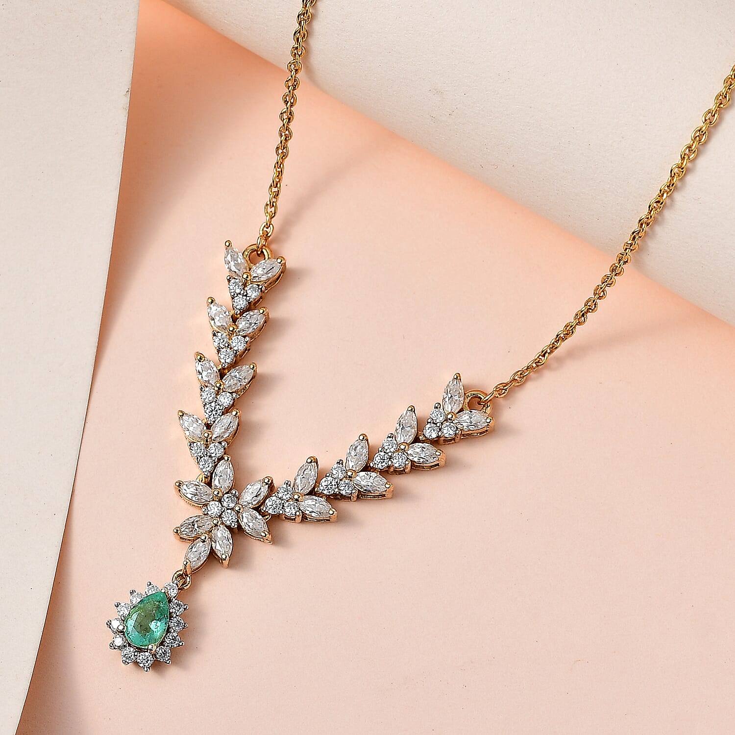 D'Joy Premium Boyaca Colombian Emerald and Moissanite Necklace 18-20 Inches in Vermeil Yellow Gold Over Sterling Silver 2.85 ctw
