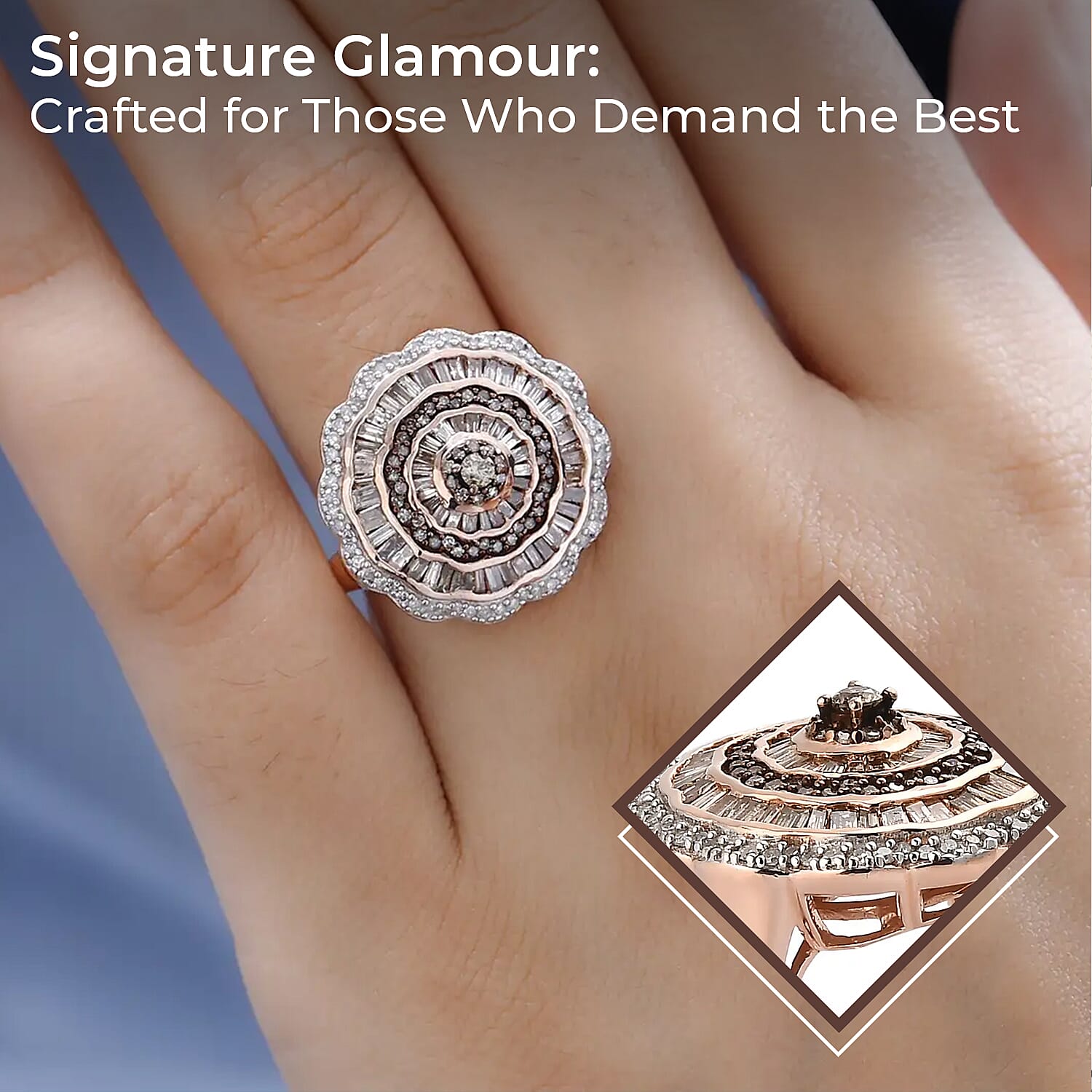 Natural Champagne and White Diamond Cocktail Ring in Vermeil RG Over Sterling Silver 1.50 ctw