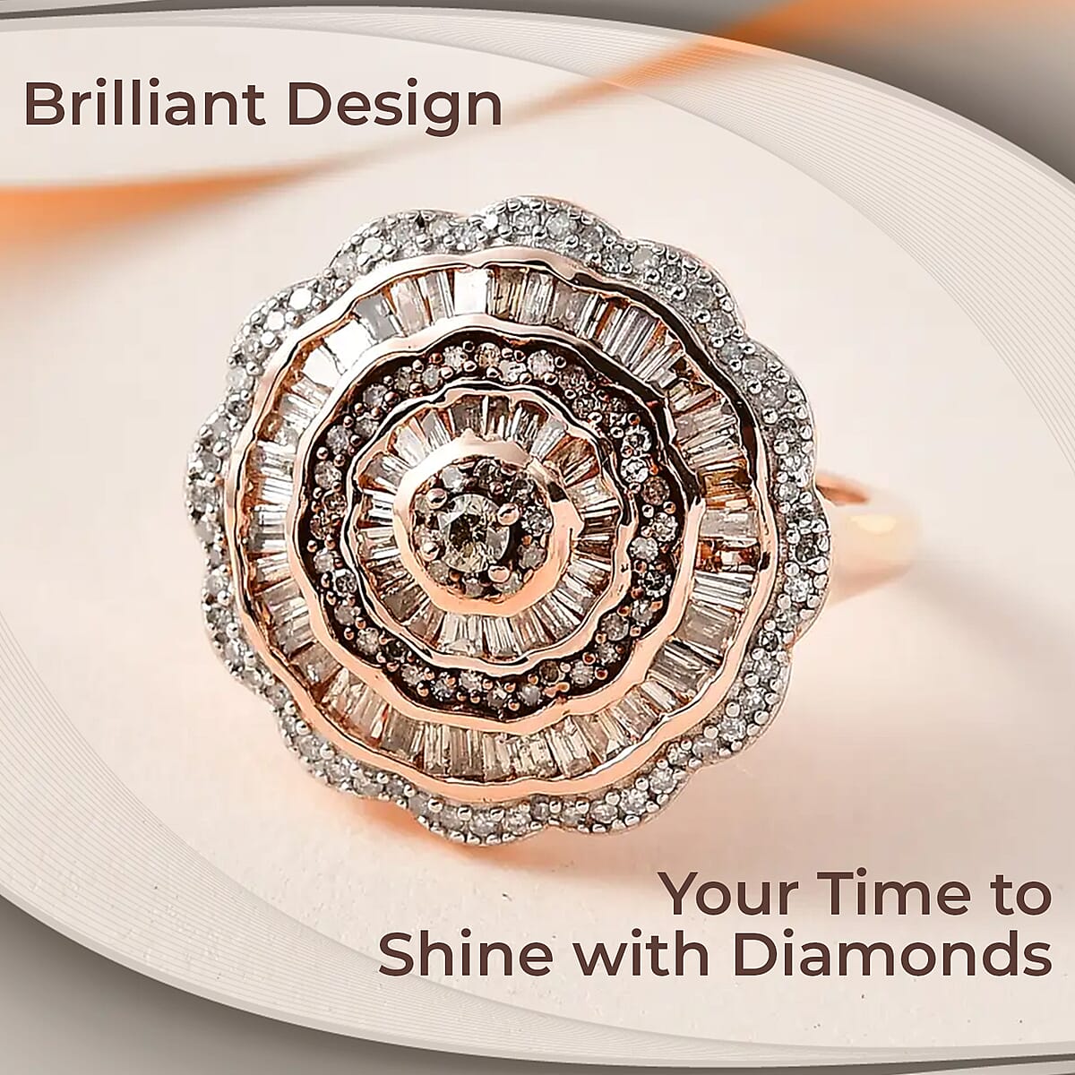 Natural Champagne and White Diamond Cocktail Ring in Vermeil RG Over Sterling Silver 1.50 ctw image number 1