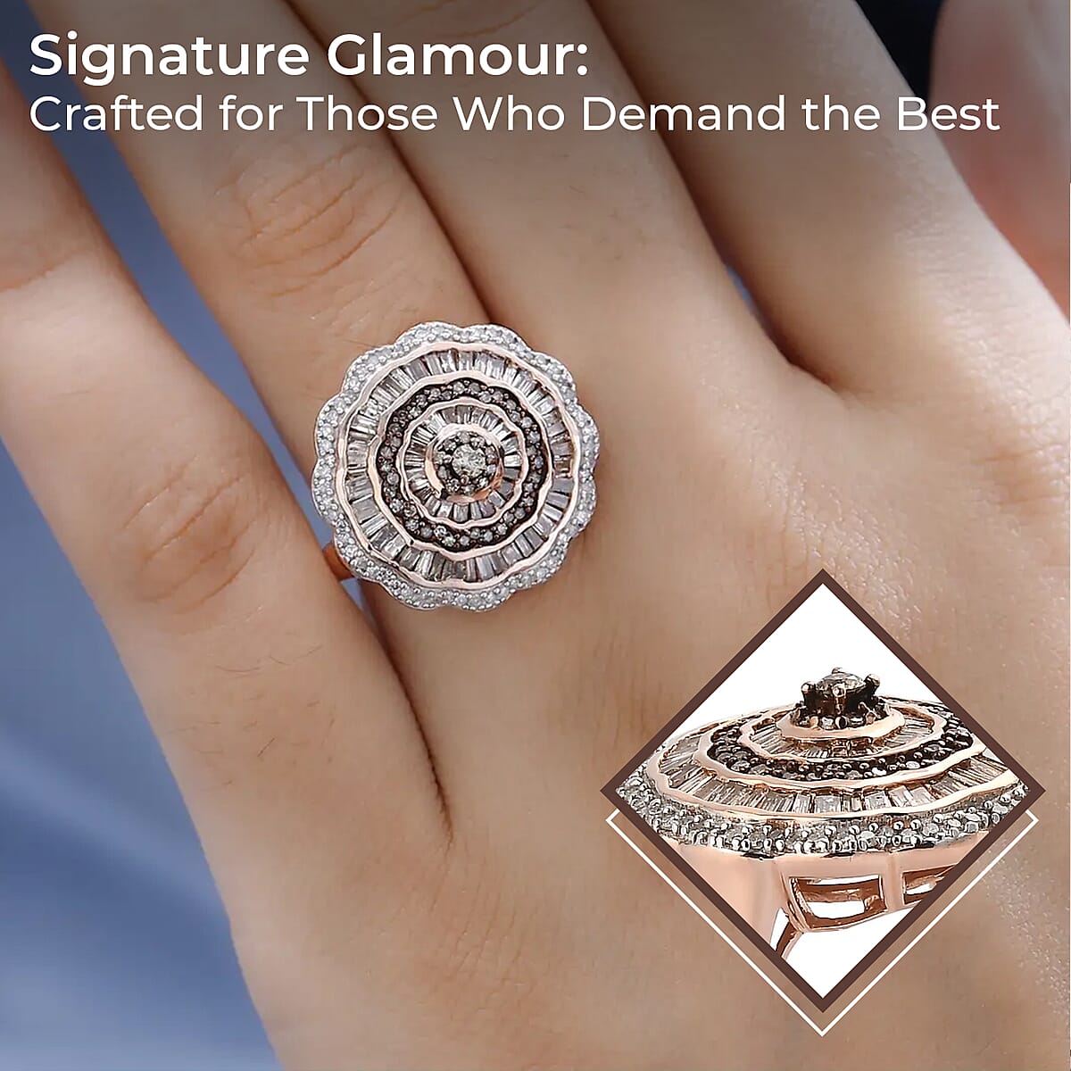 Natural Champagne and White Diamond Cocktail Ring in Vermeil RG Over Sterling Silver 1.50 ctw image number 2