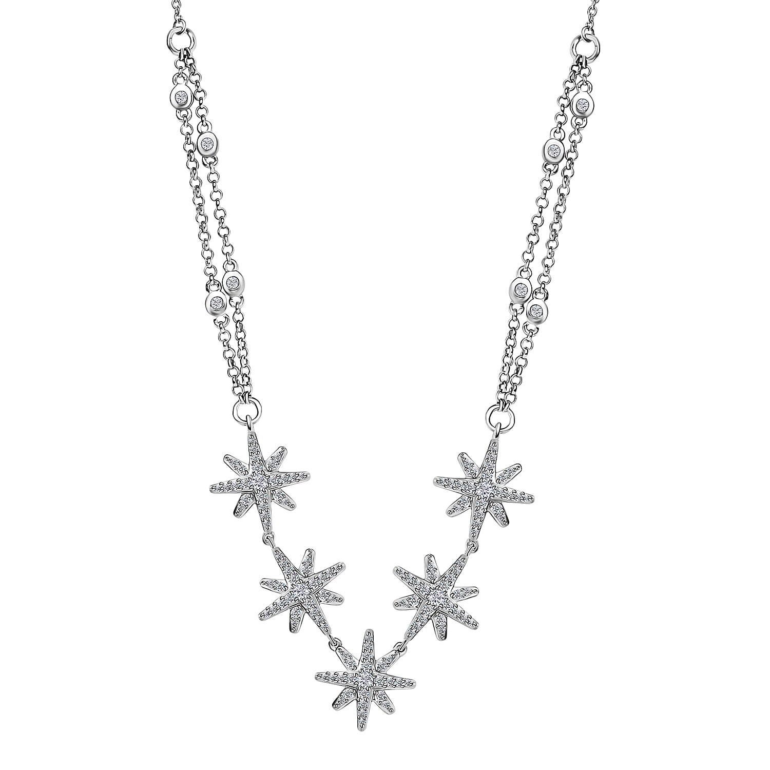 Moissanite 1.90 ctw Starburst Station Necklace 18 Inches in Platinum Over Sterling Silver