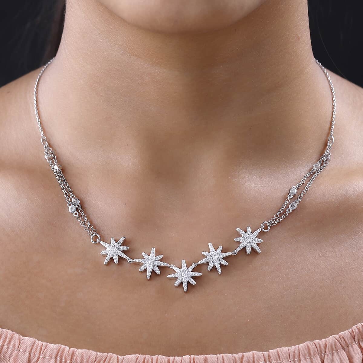 Moissanite 1.90 ctw Starburst Station Necklace 18 Inches in Platinum Over Sterling Silver image number 2