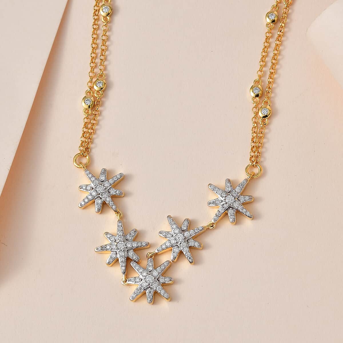 Moissanite 1.90 ctw Starburst Station Necklace 18 Inches in Vermeil Yellow Gold Over Sterling Silver image number 1