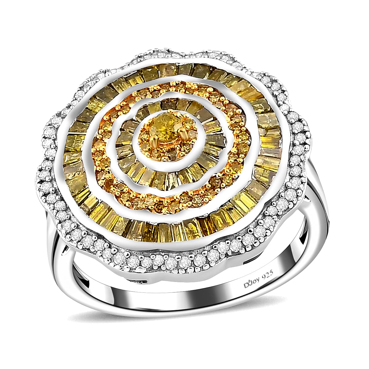 Yellow Diamond Ring, White Diamond Accent Ring, Diamond Cluster Ring, Cluster Cocktail Ring, Floral Cluster Ring, Platinum Over Sterling Silver Ring 1.50 ctw image number 0