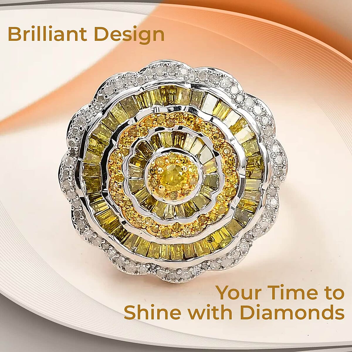 Yellow Diamond Ring, White Diamond Accent Ring, Diamond Cluster Ring, Cluster Cocktail Ring, Floral Cluster Ring, Platinum Over Sterling Silver Ring 1.50 ctw image number 1