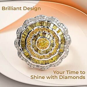 Yellow Diamond Ring, White Diamond Accent Ring, Diamond Cluster Ring, Cluster Cocktail Ring, Floral Cluster Ring, Platinum Over Sterling Silver Ring 1.50 ctw