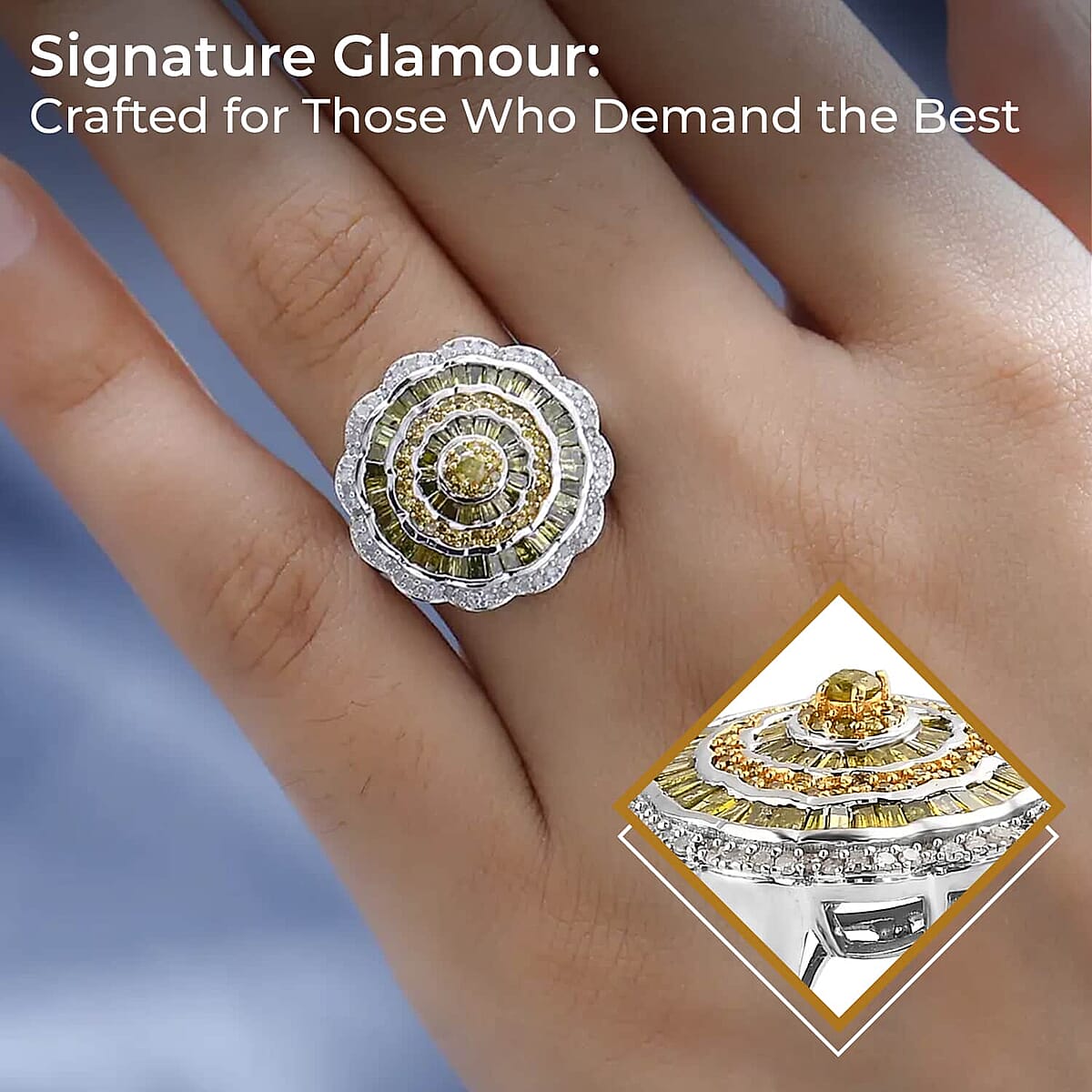 Yellow Diamond Ring, White Diamond Accent Ring, Diamond Cluster Ring, Cluster Cocktail Ring, Floral Cluster Ring, Platinum Over Sterling Silver Ring 1.50 ctw image number 2