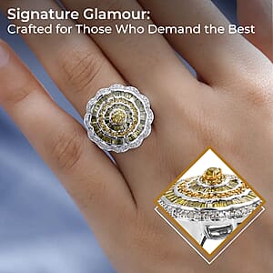 Yellow Diamond Ring, White Diamond Accent Ring, Diamond Cluster Ring, Cluster Cocktail Ring, Floral Cluster Ring, Platinum Over Sterling Silver Ring 1.50 ctw