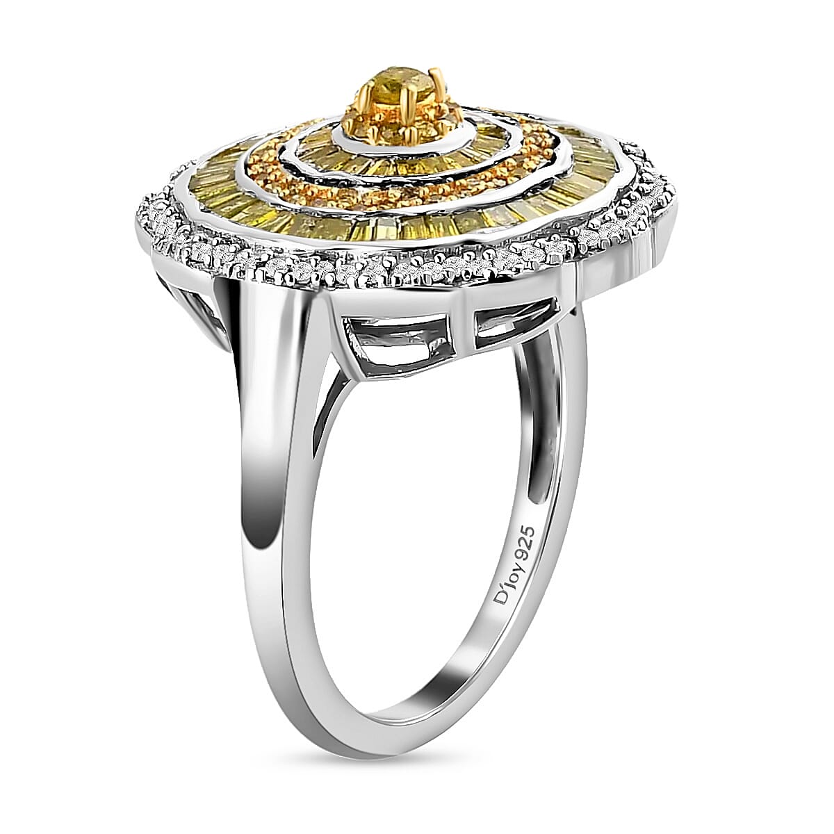 Yellow Diamond Ring, White Diamond Accent Ring, Diamond Cluster Ring, Cluster Cocktail Ring, Floral Cluster Ring, Platinum Over Sterling Silver Ring 1.50 ctw image number 4