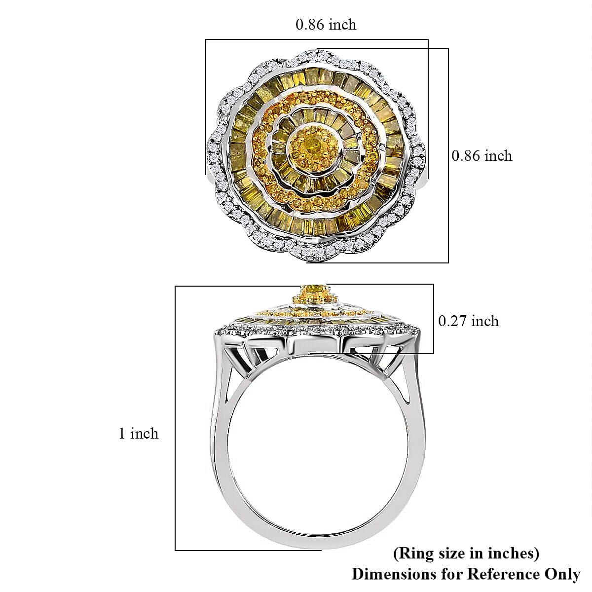 Yellow Diamond Ring, White Diamond Accent Ring, Diamond Cluster Ring, Cluster Cocktail Ring, Floral Cluster Ring, Platinum Over Sterling Silver Ring 1.50 ctw image number 6