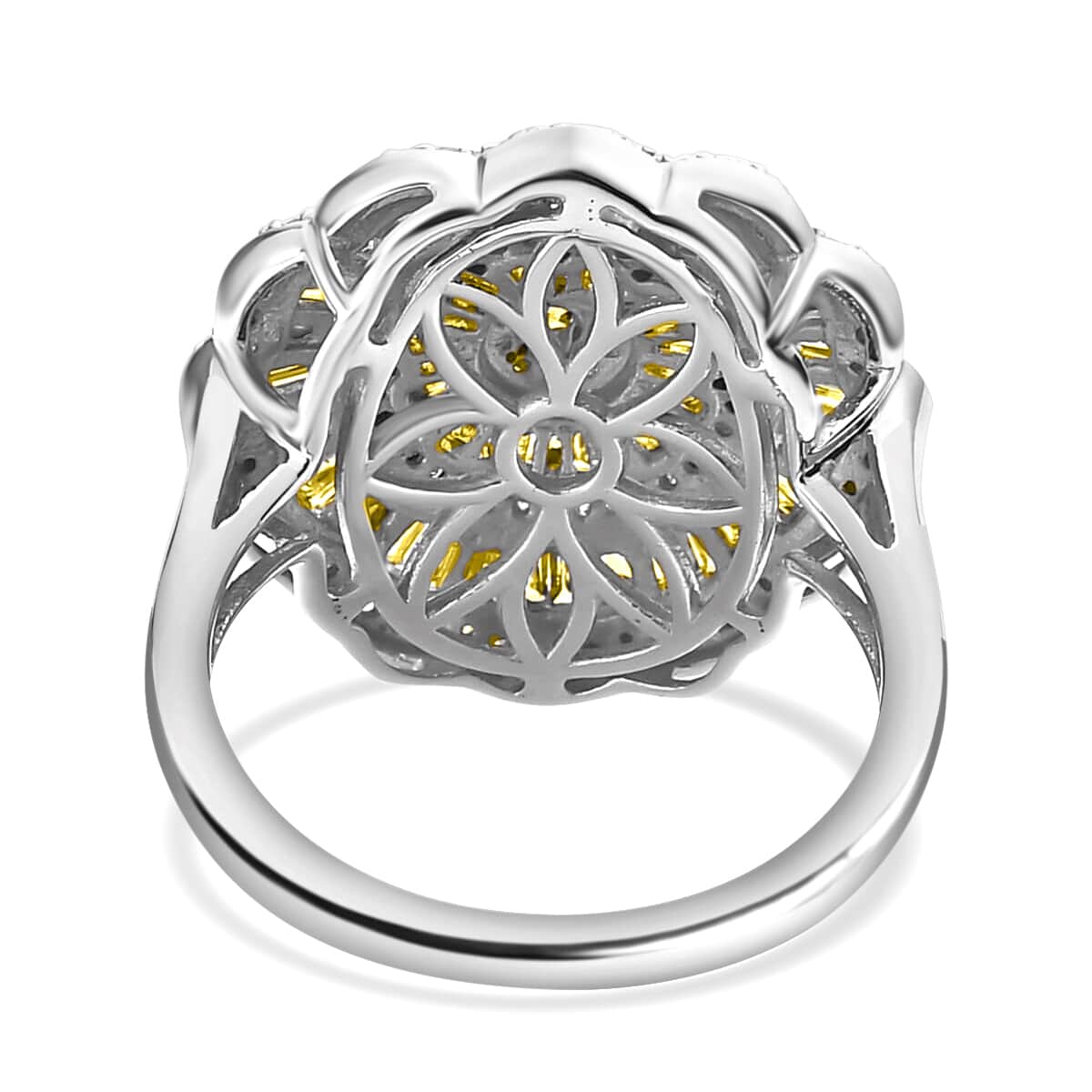 Yellow Diamond Ring, White Diamond Accent Ring, Diamond Cluster Ring, Cluster Cocktail Ring, Floral Cluster Ring, Platinum Over Sterling Silver Ring 1.50 ctw image number 5