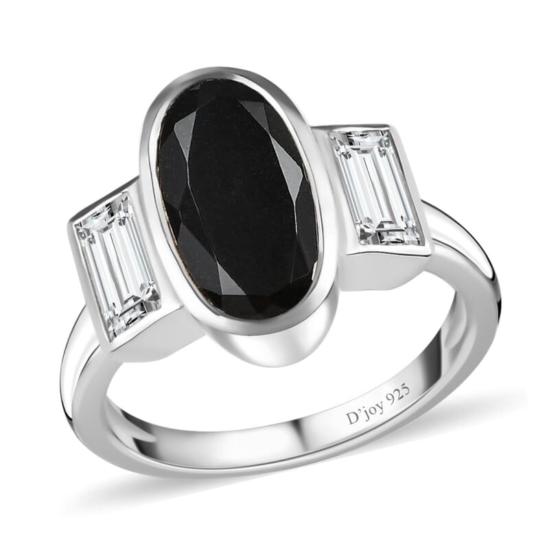 Australian Black Tourmaline and Moissanite Ring in Platinum Over Sterling Silver (Size 5.0) 3.15 ctw
