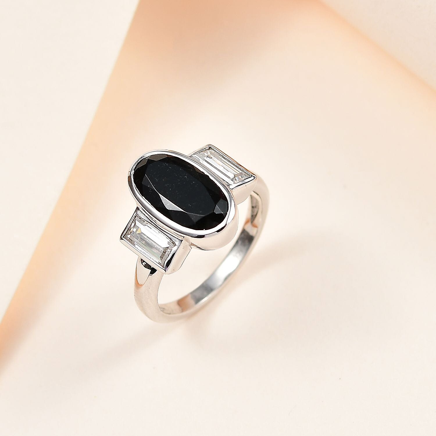Australian Black Tourmaline and Moissanite Ring in Platinum Over Sterling Silver (Size 5.0) 3.15 ctw