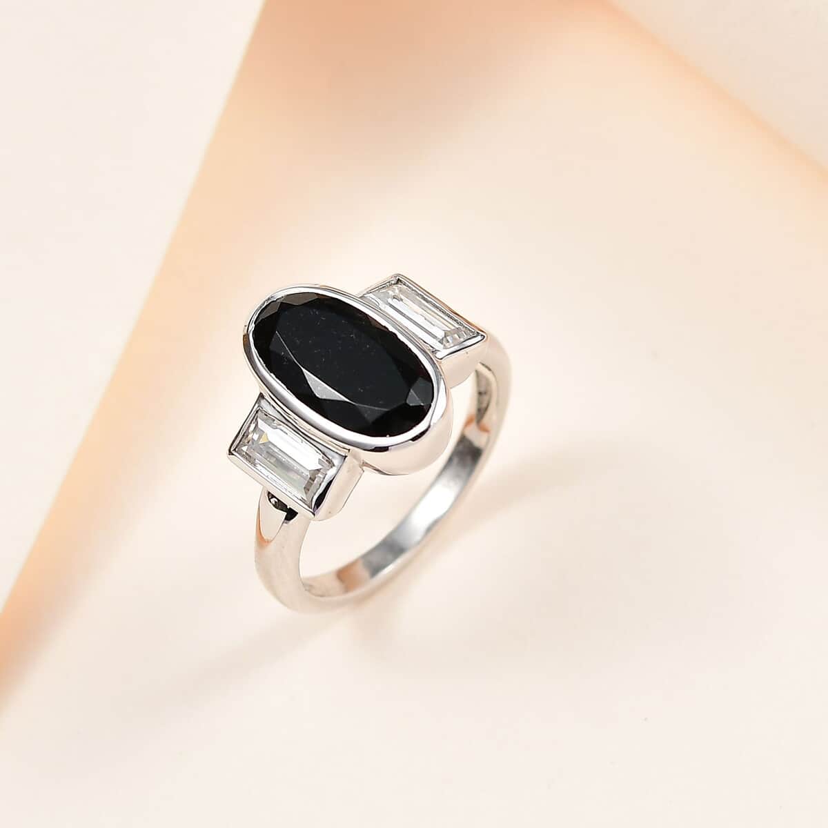 Australian Black Tourmaline, Moissanite Ring in Platinum Over Sterling Silver (Size 5.0) 3.15 ctw image number 1