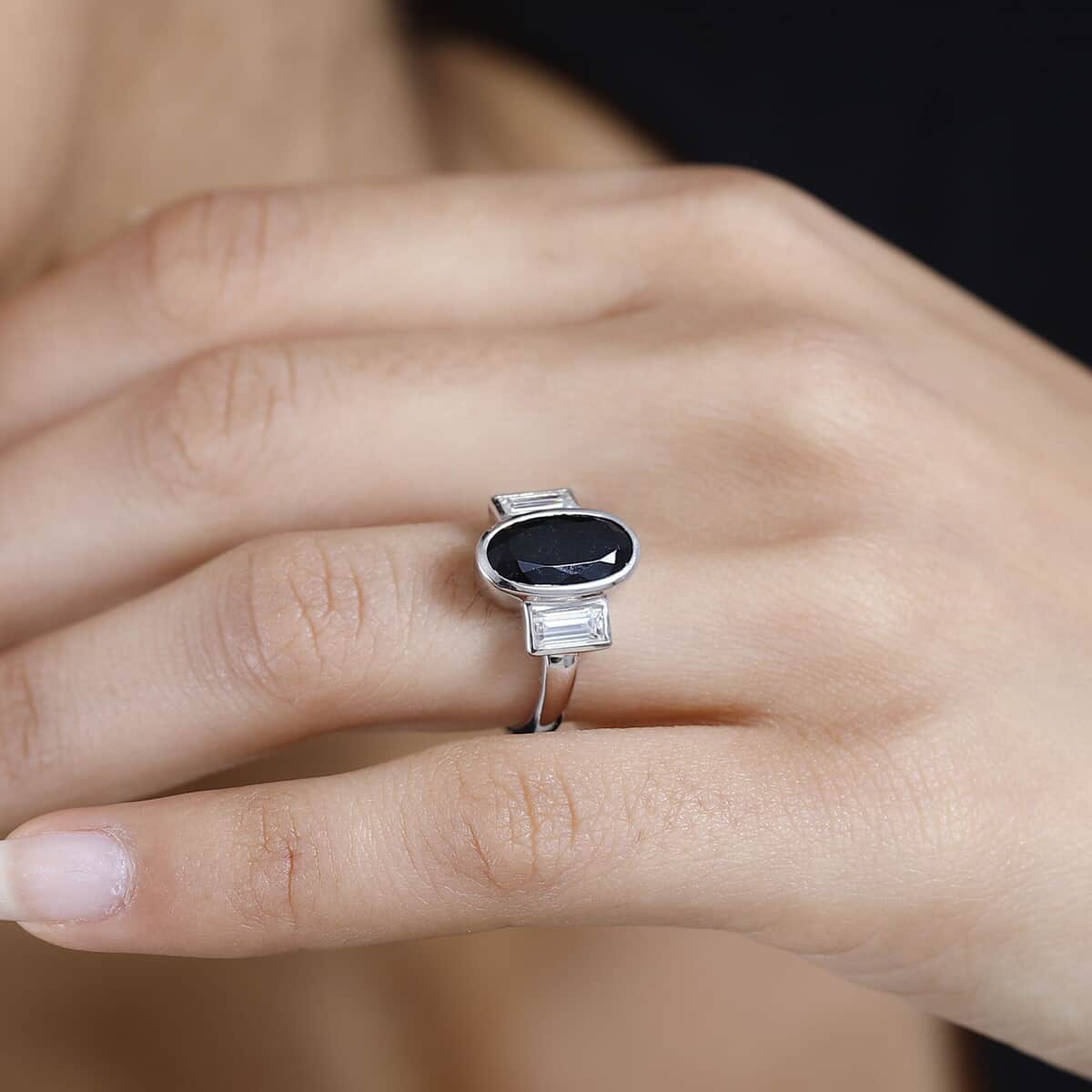Australian Black Tourmaline, Moissanite Ring in Platinum Over Sterling Silver (Size 5.0) 3.15 ctw image number 2