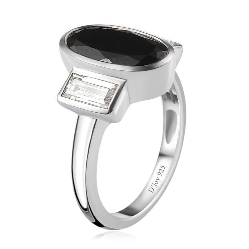 Australian Black Tourmaline and Moissanite Ring in Platinum Over Sterling Silver (Size 5.0) 3.15 ctw