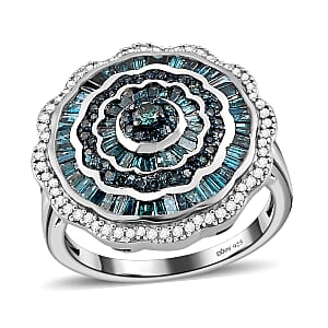 Blue Diamond Ring, White Diamond Accent Ring, Diamond Cluster Ring, Cluster Cocktail Ring, Floral Cluster Ring, Platinum Over Sterling Silver Ring 1.50 ctw