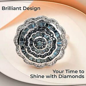 Blue Diamond Ring, White Diamond Accent Ring, Diamond Cluster Ring, Cluster Cocktail Ring, Floral Cluster Ring, Platinum Over Sterling Silver Ring 1.50 ctw