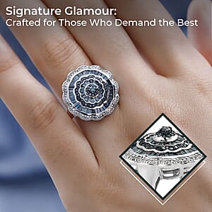 Blue Diamond Ring, White Diamond Accent Ring, Diamond Cluster Ring, Cluster Cocktail Ring, Floral Cluster Ring, Platinum Over Sterling Silver Ring 1.50 ctw