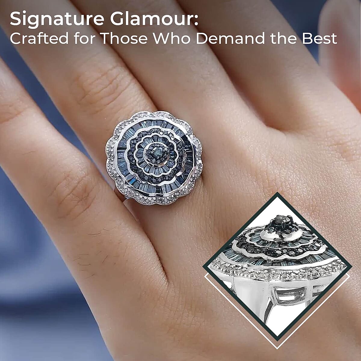 Blue Diamond Ring, White Diamond Accent Ring, Diamond Cluster Ring, Cluster Cocktail Ring, Floral Cluster Ring, Platinum Over Sterling Silver Ring 1.50 ctw image number 2