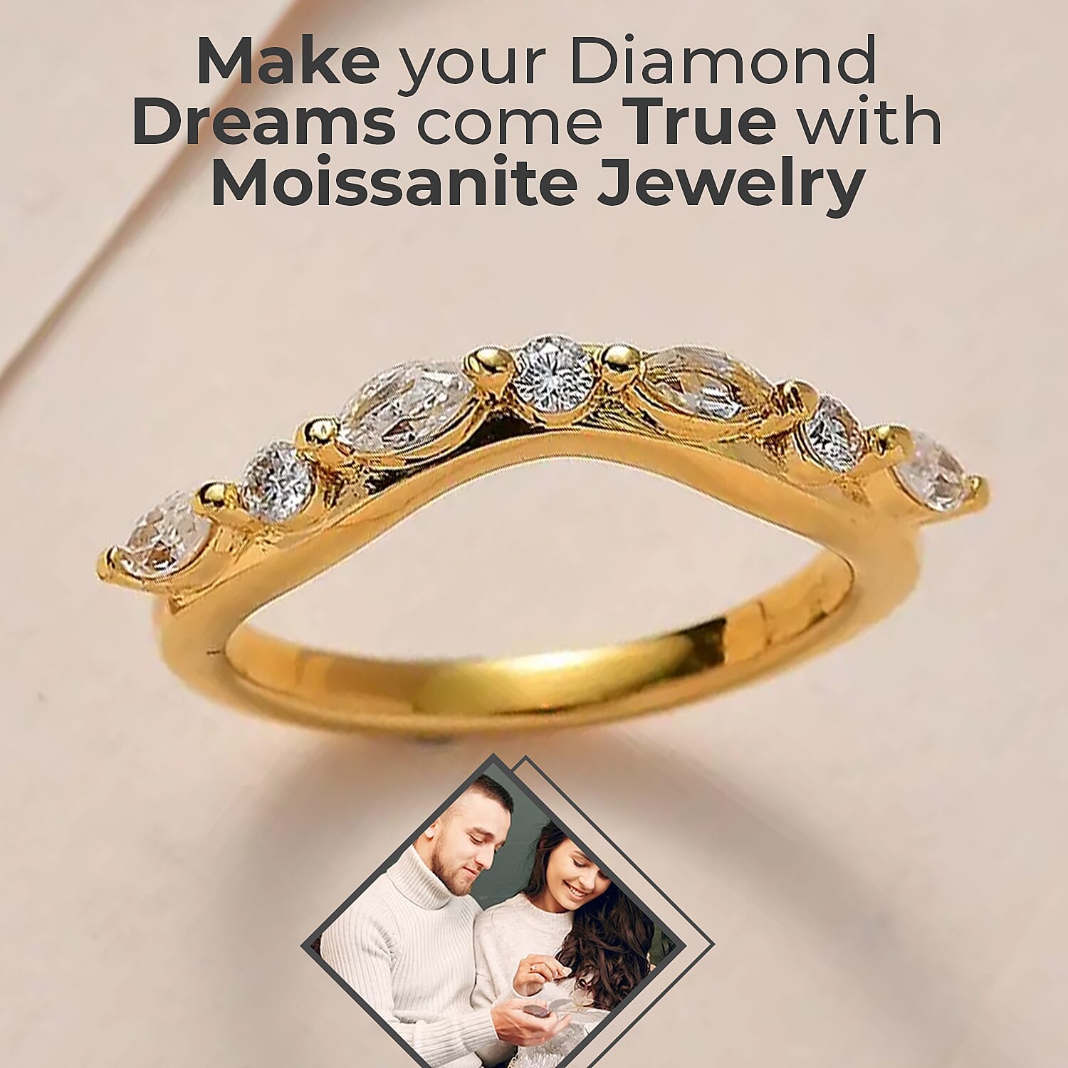 Moissanite Chevron Band Ring in Vermeil Yellow Gold Over Sterling Silver
