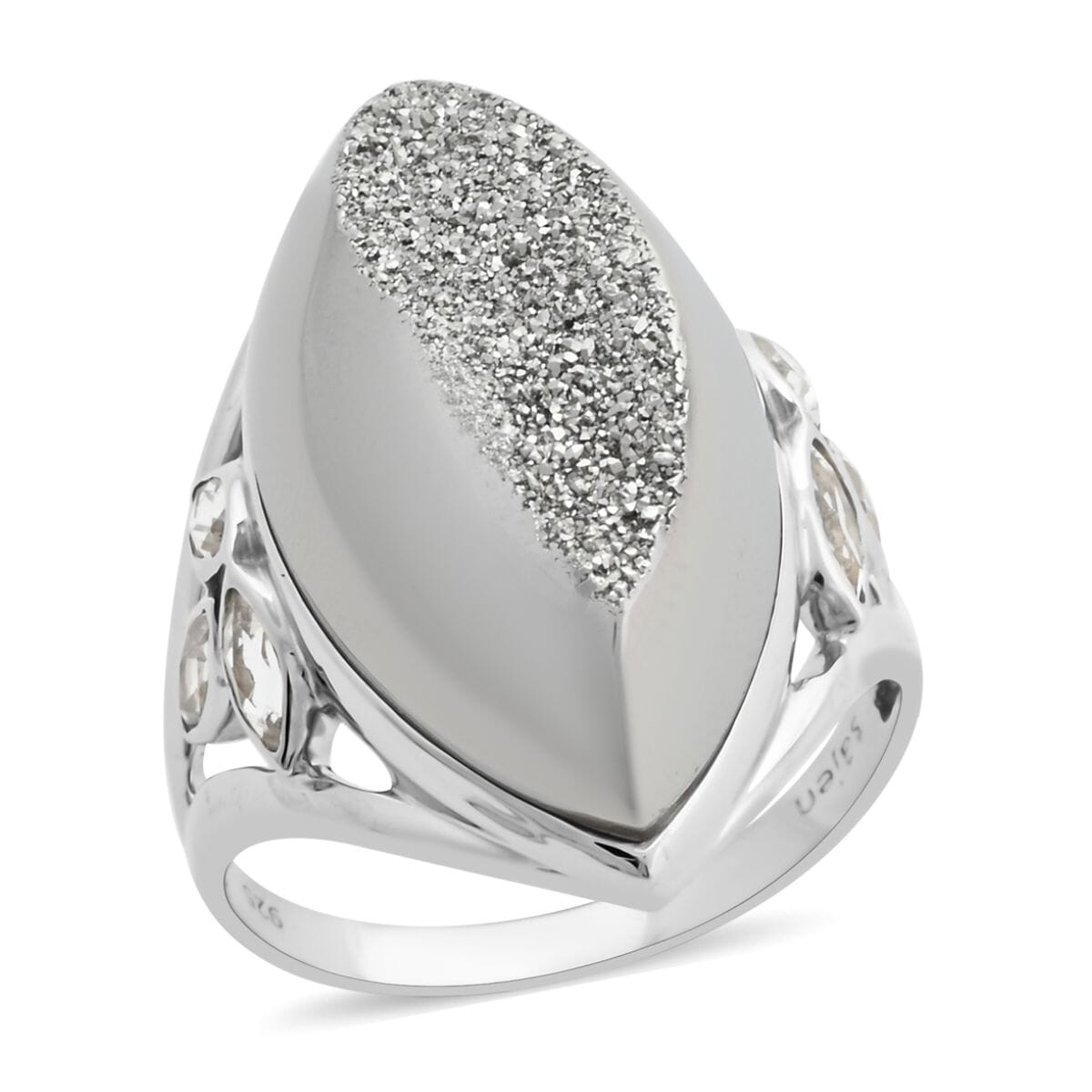 Sajen Silver AAA Platinum Window Drusy Quartz, Austrian Crystal Ring in Platinum Over Sterling Silver (Size 10.0) 18.10 ctw image number 0
