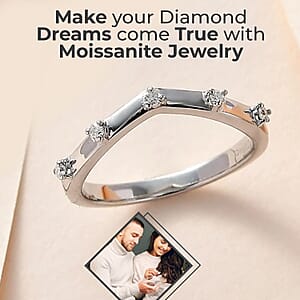 D'Joy Moissanite Wishbone Ring in Platinum Over Sterling Silver (Size 6.0) 0.10 ctw